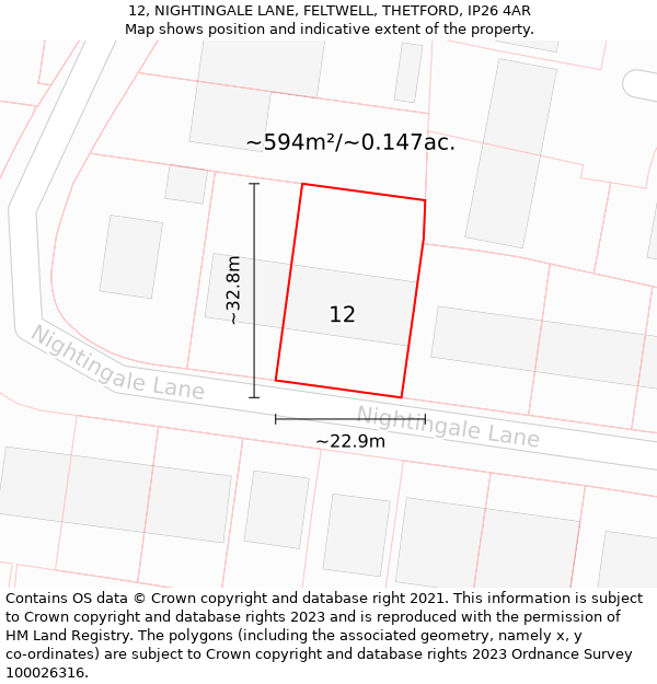 12, NIGHTINGALE LANE, FELTWELL, THETFORD, IP26 4AR: Plot and title map