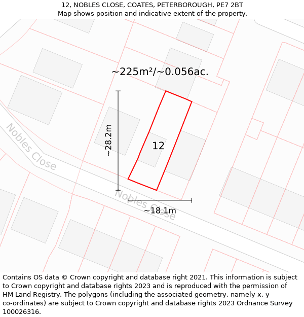 12, NOBLES CLOSE, COATES, PETERBOROUGH, PE7 2BT: Plot and title map