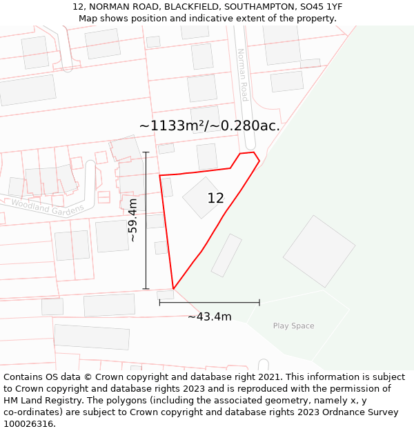 12, NORMAN ROAD, BLACKFIELD, SOUTHAMPTON, SO45 1YF: Plot and title map