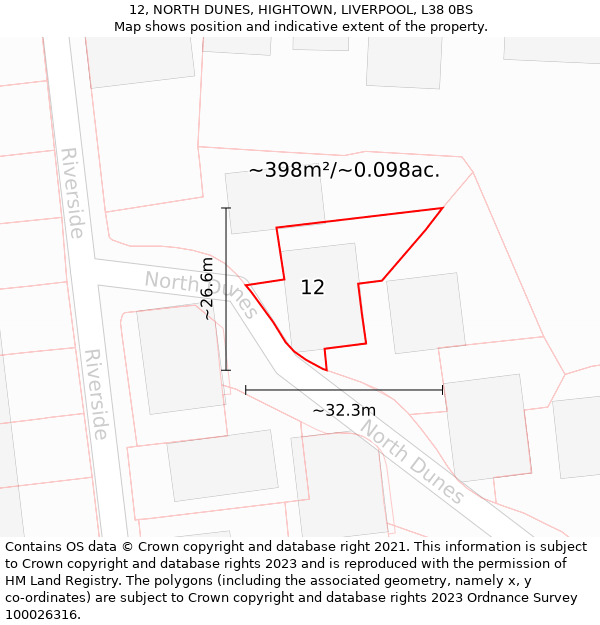 12, NORTH DUNES, HIGHTOWN, LIVERPOOL, L38 0BS: Plot and title map