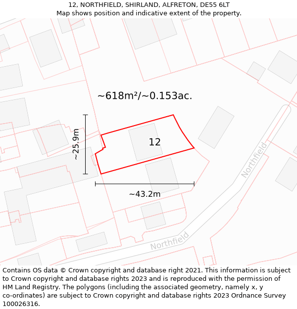 12, NORTHFIELD, SHIRLAND, ALFRETON, DE55 6LT: Plot and title map