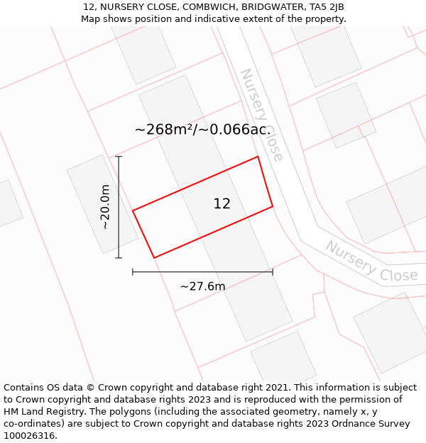 12, NURSERY CLOSE, COMBWICH, BRIDGWATER, TA5 2JB: Plot and title map