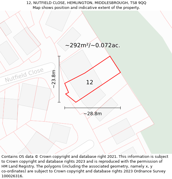 12, NUTFIELD CLOSE, HEMLINGTON, MIDDLESBROUGH, TS8 9QQ: Plot and title map