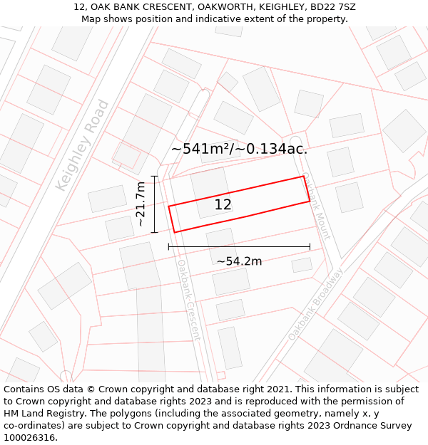 12, OAK BANK CRESCENT, OAKWORTH, KEIGHLEY, BD22 7SZ: Plot and title map