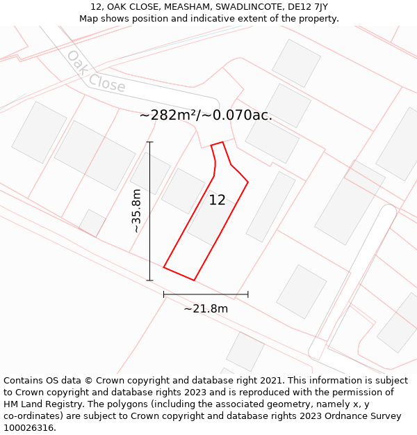 12, OAK CLOSE, MEASHAM, SWADLINCOTE, DE12 7JY: Plot and title map