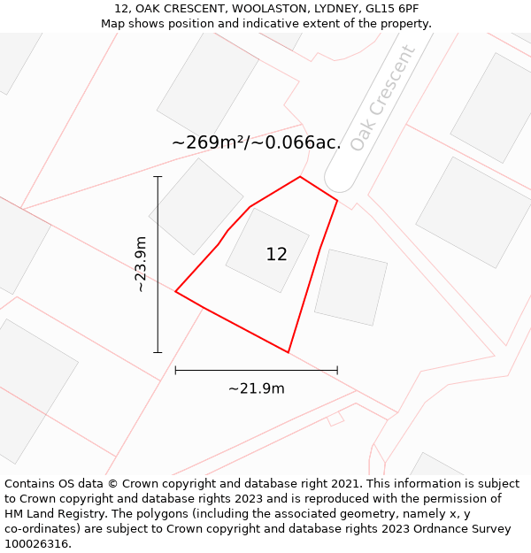 12, OAK CRESCENT, WOOLASTON, LYDNEY, GL15 6PF: Plot and title map