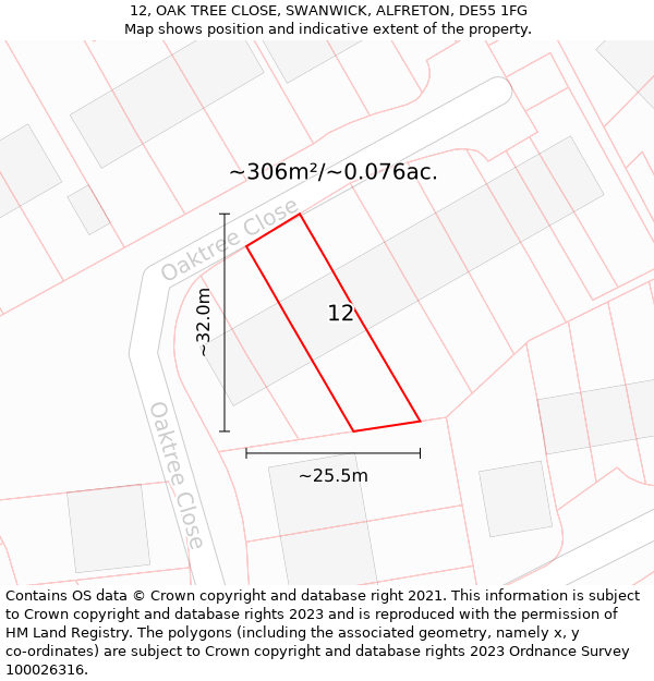 12, OAK TREE CLOSE, SWANWICK, ALFRETON, DE55 1FG: Plot and title map