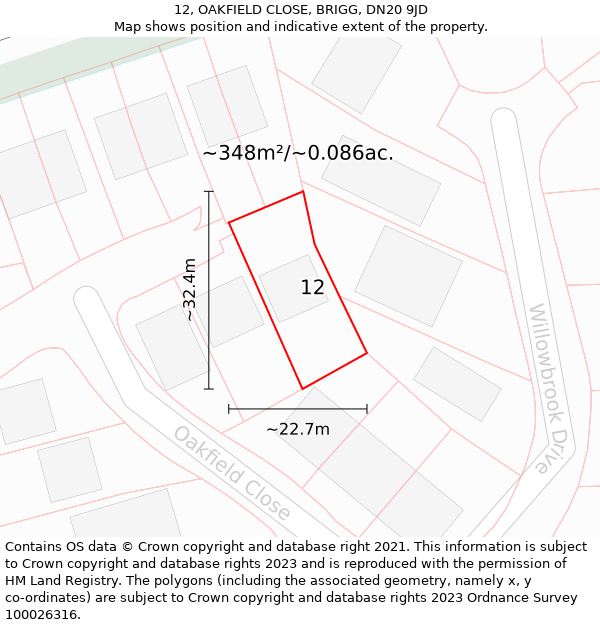 12, OAKFIELD CLOSE, BRIGG, DN20 9JD: Plot and title map