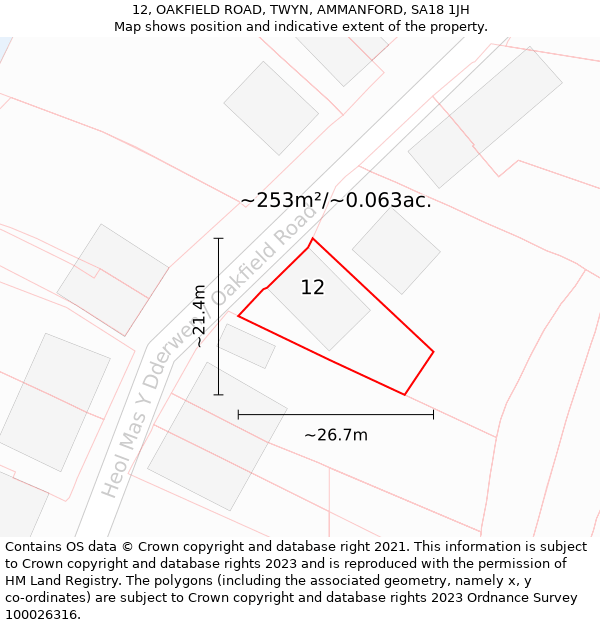 12, OAKFIELD ROAD, TWYN, AMMANFORD, SA18 1JH: Plot and title map