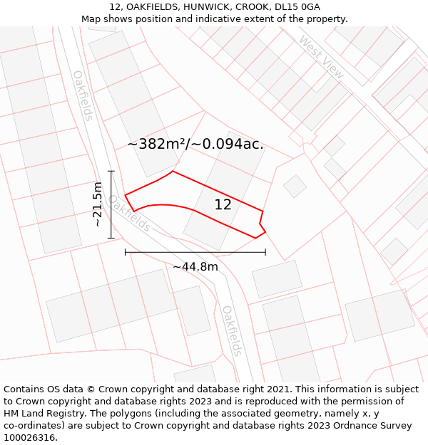 12, OAKFIELDS, HUNWICK, CROOK, DL15 0GA: Plot and title map