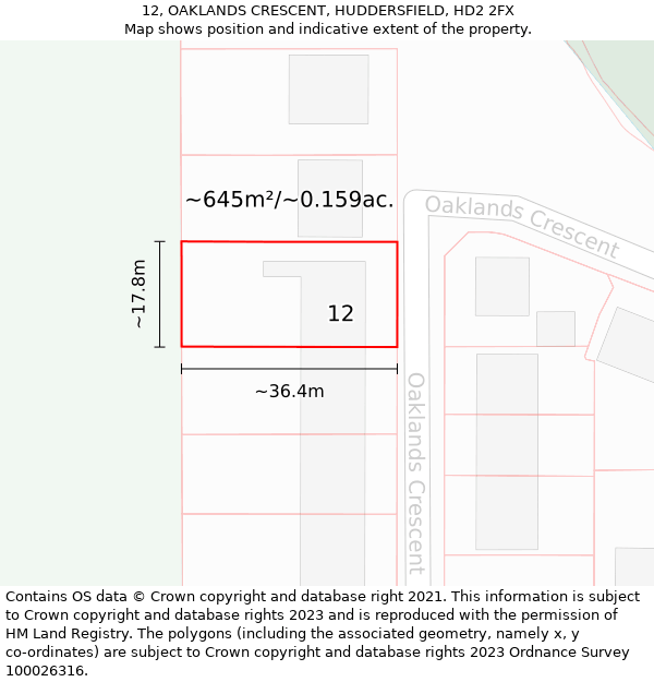 12, OAKLANDS CRESCENT, HUDDERSFIELD, HD2 2FX: Plot and title map