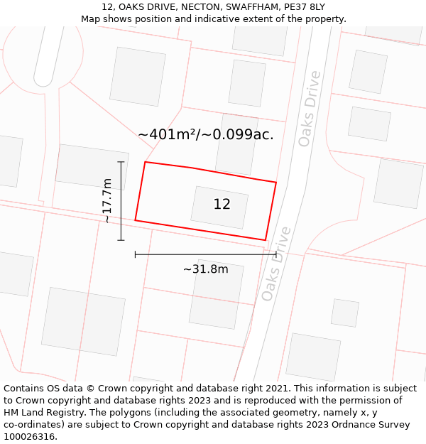 12, OAKS DRIVE, NECTON, SWAFFHAM, PE37 8LY: Plot and title map