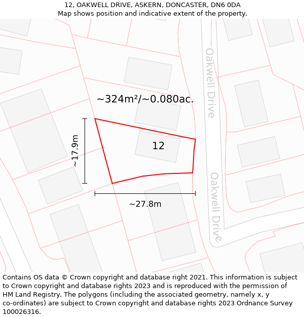 12, OAKWELL DRIVE, ASKERN, DONCASTER, DN6 0DA: Plot and title map