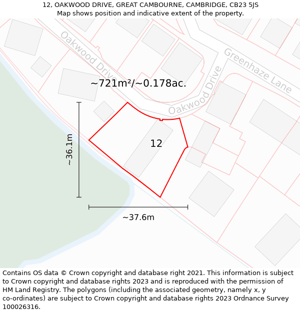 12, OAKWOOD DRIVE, GREAT CAMBOURNE, CAMBRIDGE, CB23 5JS: Plot and title map