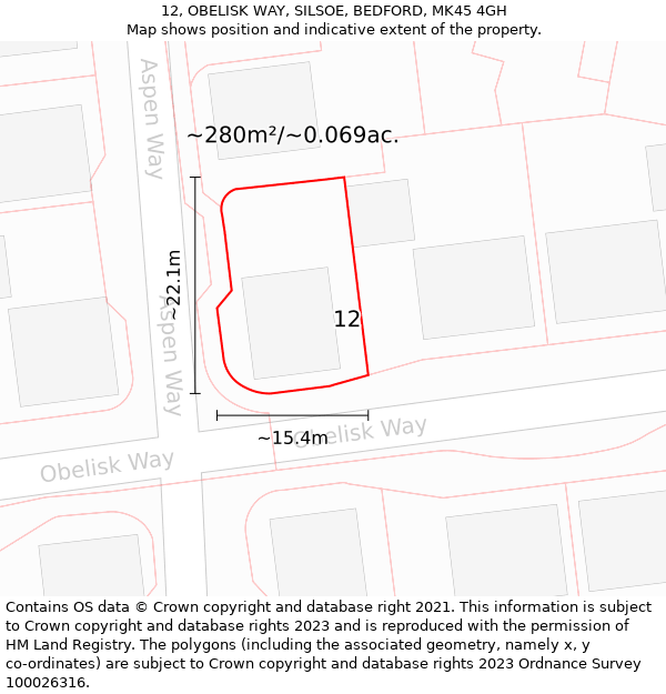 12, OBELISK WAY, SILSOE, BEDFORD, MK45 4GH: Plot and title map