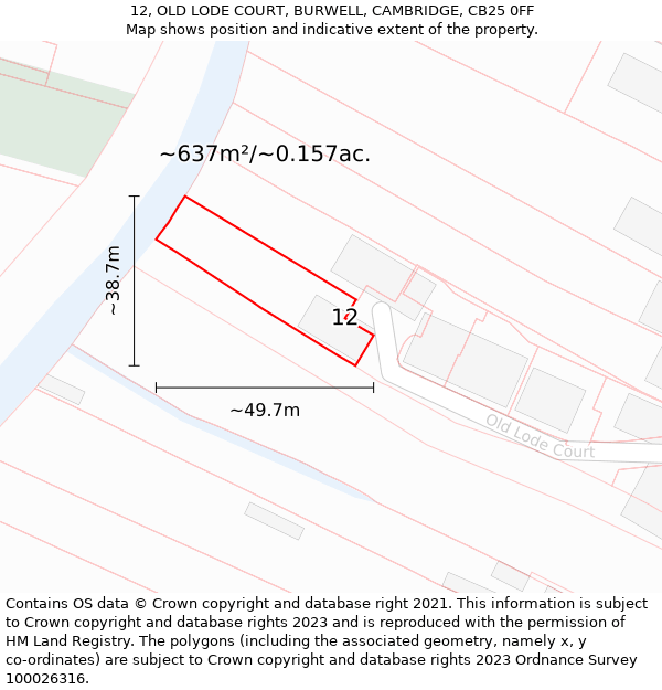 12, OLD LODE COURT, BURWELL, CAMBRIDGE, CB25 0FF: Plot and title map