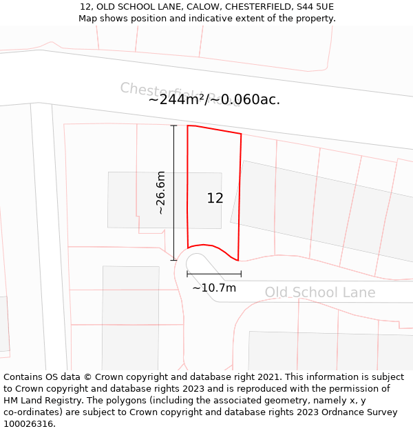 12, OLD SCHOOL LANE, CALOW, CHESTERFIELD, S44 5UE: Plot and title map