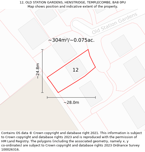 12, OLD STATION GARDENS, HENSTRIDGE, TEMPLECOMBE, BA8 0PU: Plot and title map