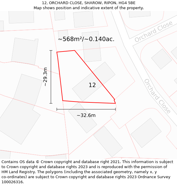 12, ORCHARD CLOSE, SHAROW, RIPON, HG4 5BE: Plot and title map