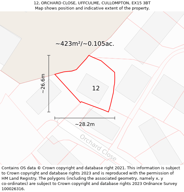 12, ORCHARD CLOSE, UFFCULME, CULLOMPTON, EX15 3BT: Plot and title map