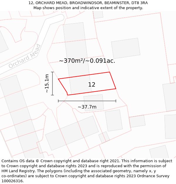 12, ORCHARD MEAD, BROADWINDSOR, BEAMINSTER, DT8 3RA: Plot and title map