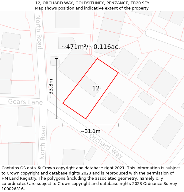 12, ORCHARD WAY, GOLDSITHNEY, PENZANCE, TR20 9EY: Plot and title map