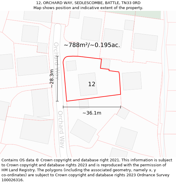 12, ORCHARD WAY, SEDLESCOMBE, BATTLE, TN33 0RD: Plot and title map