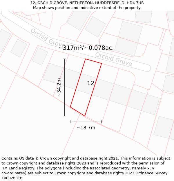 12, ORCHID GROVE, NETHERTON, HUDDERSFIELD, HD4 7HR: Plot and title map