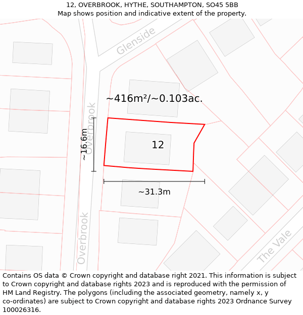 12, OVERBROOK, HYTHE, SOUTHAMPTON, SO45 5BB: Plot and title map