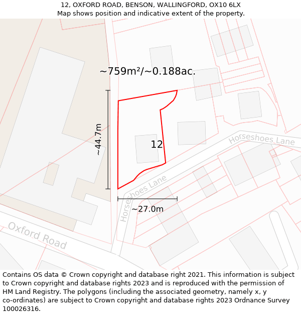 12, OXFORD ROAD, BENSON, WALLINGFORD, OX10 6LX: Plot and title map