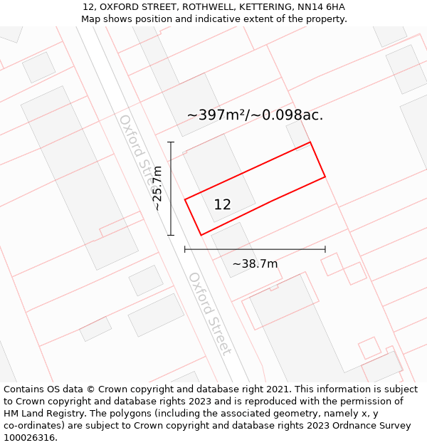 12, OXFORD STREET, ROTHWELL, KETTERING, NN14 6HA: Plot and title map