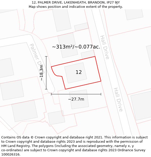 12, PALMER DRIVE, LAKENHEATH, BRANDON, IP27 9JY: Plot and title map