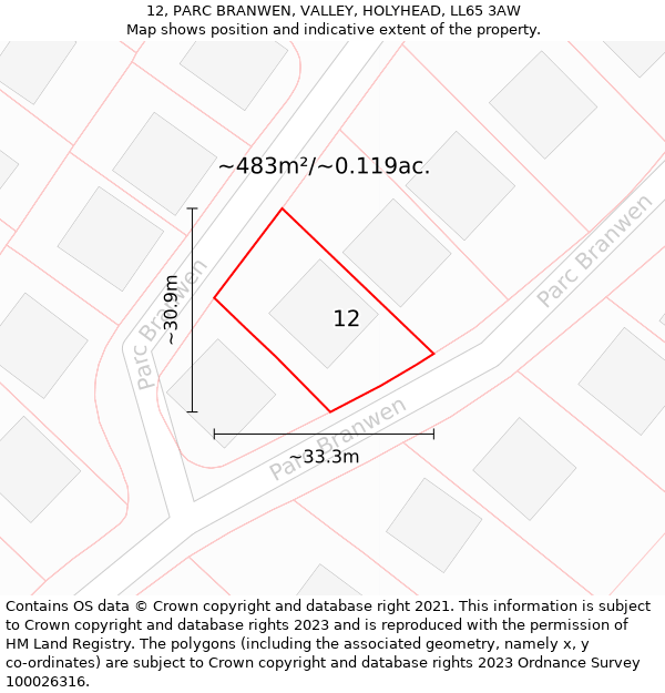 12, PARC BRANWEN, VALLEY, HOLYHEAD, LL65 3AW: Plot and title map