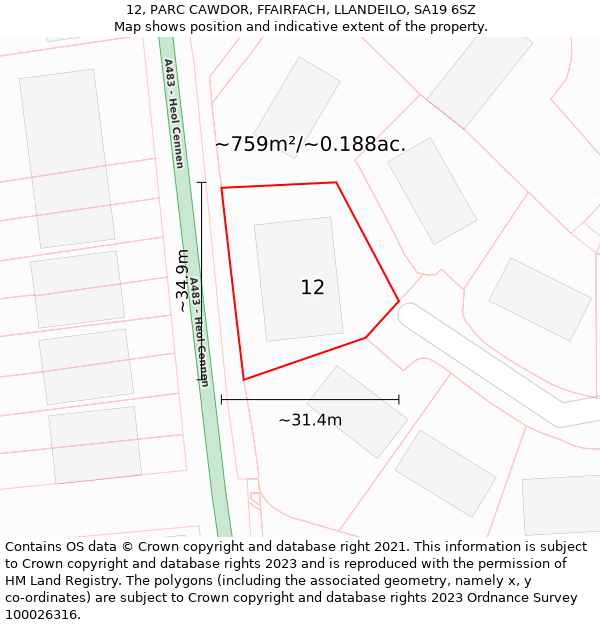 12, PARC CAWDOR, FFAIRFACH, LLANDEILO, SA19 6SZ: Plot and title map