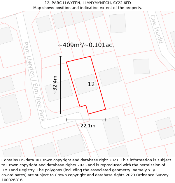 12, PARC LLWYFEN, LLANYMYNECH, SY22 6FD: Plot and title map