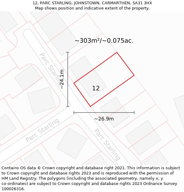 12, PARC STARLING, JOHNSTOWN, CARMARTHEN, SA31 3HX: Plot and title map