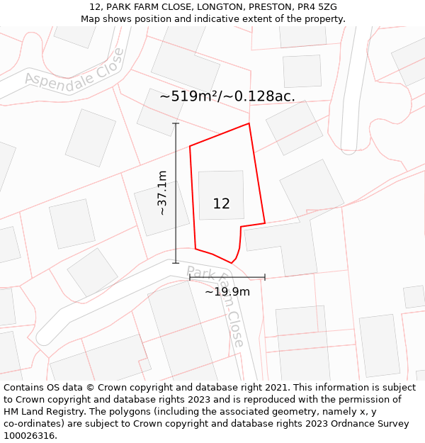 12, PARK FARM CLOSE, LONGTON, PRESTON, PR4 5ZG: Plot and title map