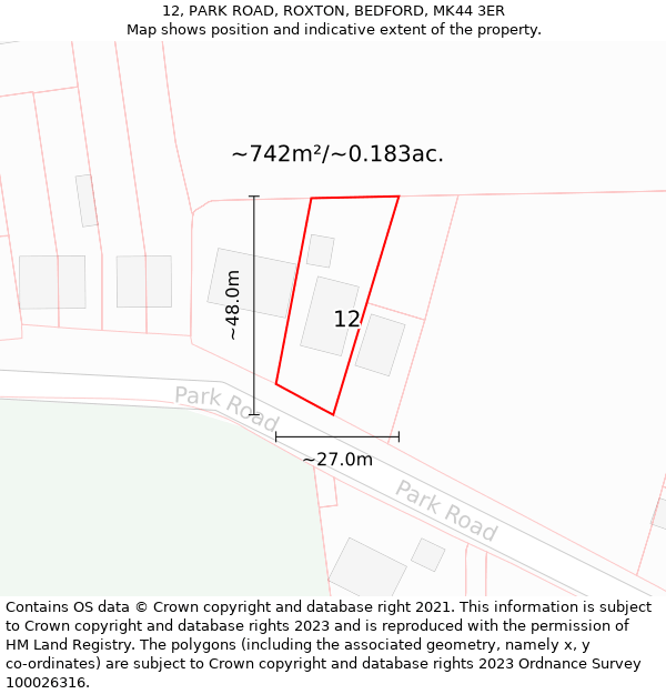 12, PARK ROAD, ROXTON, BEDFORD, MK44 3ER: Plot and title map