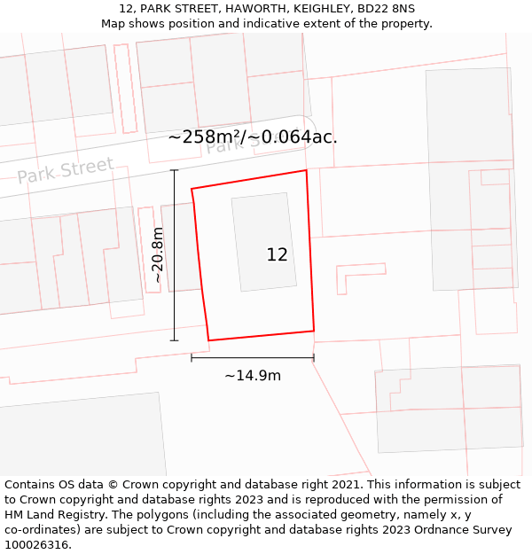 12, PARK STREET, HAWORTH, KEIGHLEY, BD22 8NS: Plot and title map