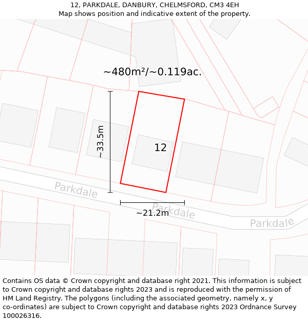 12, PARKDALE, DANBURY, CHELMSFORD, CM3 4EH: Plot and title map