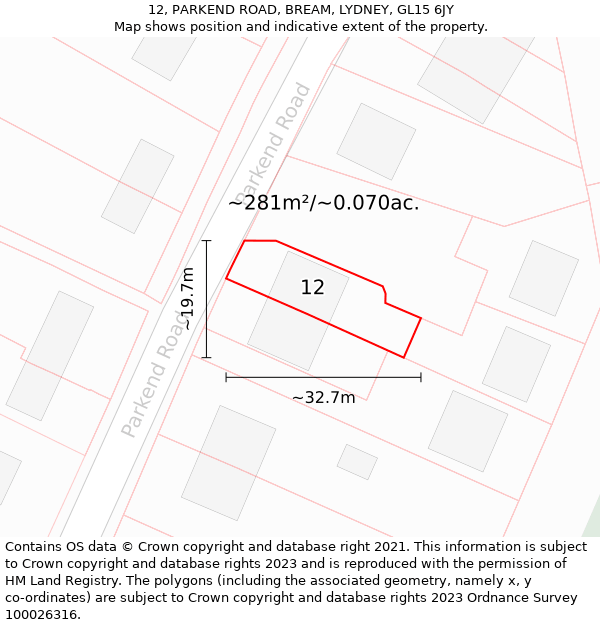 12, PARKEND ROAD, BREAM, LYDNEY, GL15 6JY: Plot and title map