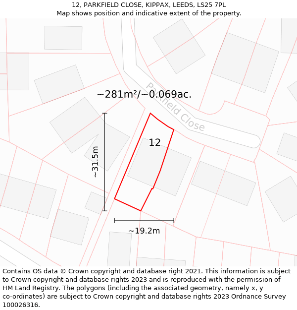 12, PARKFIELD CLOSE, KIPPAX, LEEDS, LS25 7PL: Plot and title map