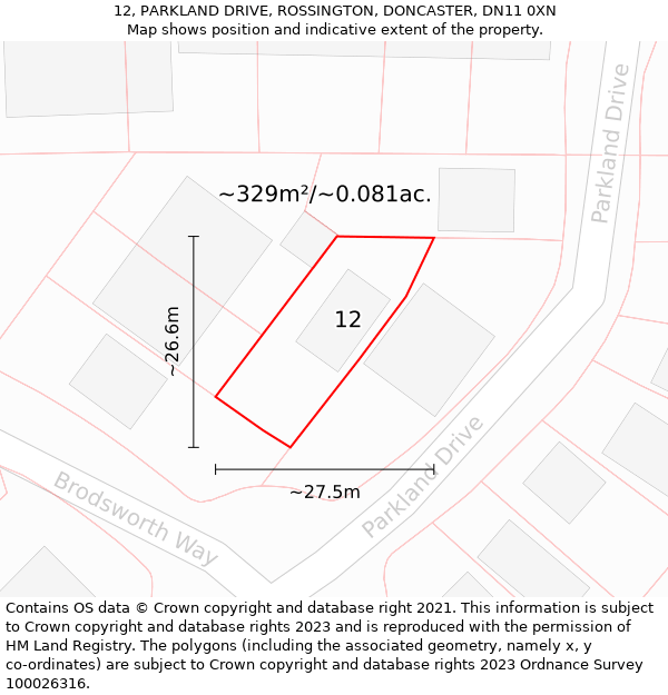 12, PARKLAND DRIVE, ROSSINGTON, DONCASTER, DN11 0XN: Plot and title map