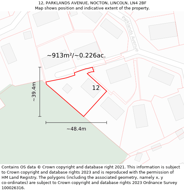 12, PARKLANDS AVENUE, NOCTON, LINCOLN, LN4 2BF: Plot and title map