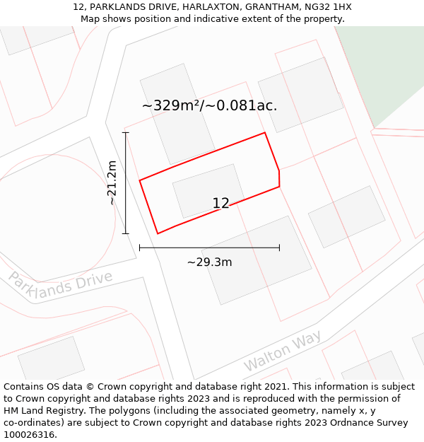 12, PARKLANDS DRIVE, HARLAXTON, GRANTHAM, NG32 1HX: Plot and title map