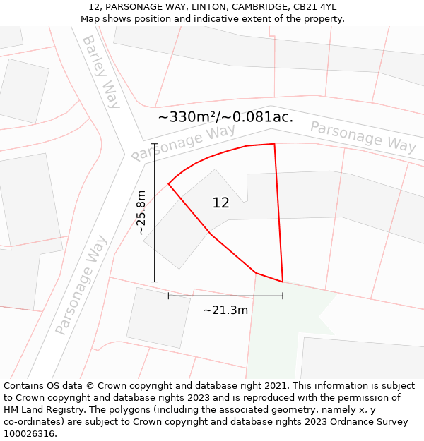 12, PARSONAGE WAY, LINTON, CAMBRIDGE, CB21 4YL: Plot and title map