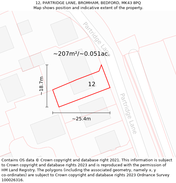 12, PARTRIDGE LANE, BROMHAM, BEDFORD, MK43 8PQ: Plot and title map