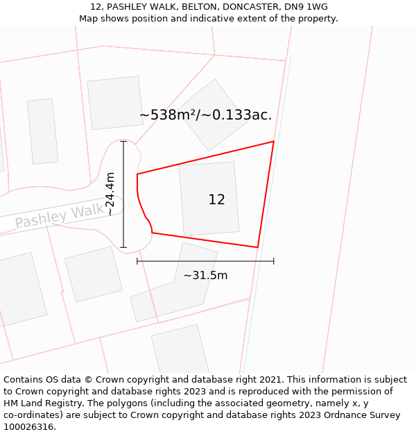 12, PASHLEY WALK, BELTON, DONCASTER, DN9 1WG: Plot and title map