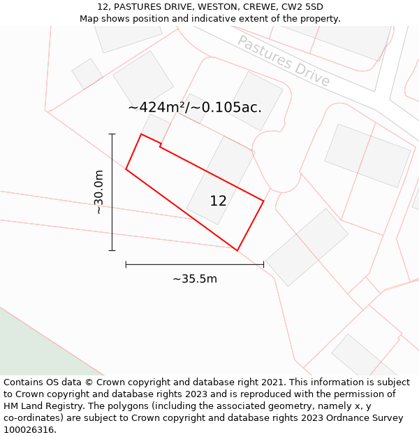 12, PASTURES DRIVE, WESTON, CREWE, CW2 5SD: Plot and title map