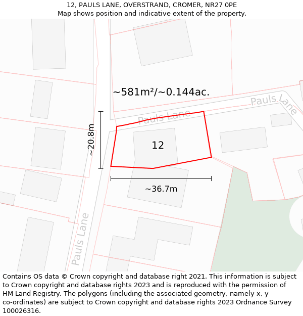 12, PAULS LANE, OVERSTRAND, CROMER, NR27 0PE: Plot and title map